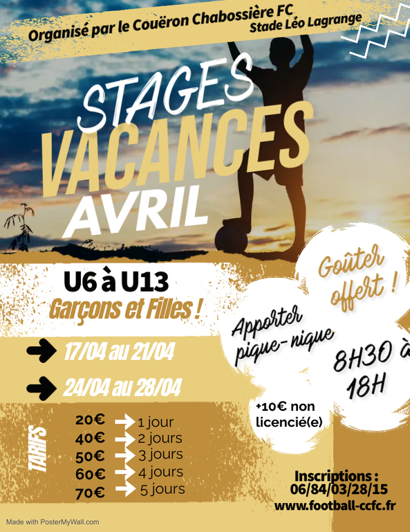 Stage vacances Scolaires U6 à U13 ( Filles et Garçons) du 17/04 au 21/04/2023